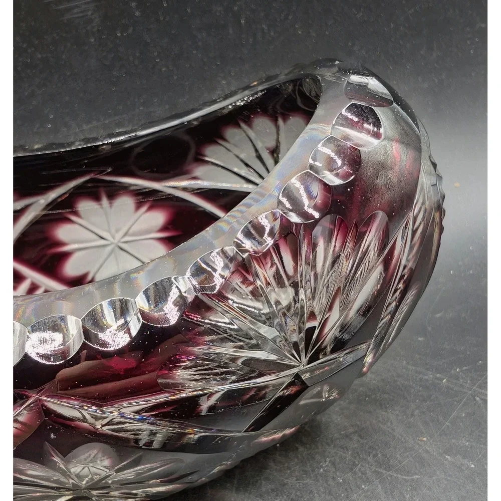 Amethyst Purple Cut to Clear Crystal Oval Bowl Scalloped Starburst Floral 7